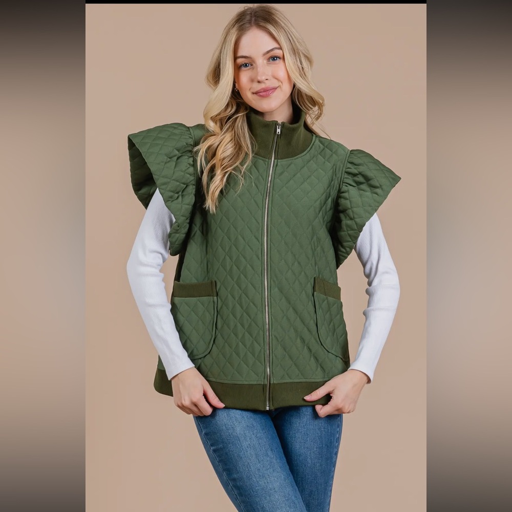 Ruffle Sleeve Textured Zipper Jacket - Picture 2 of 8